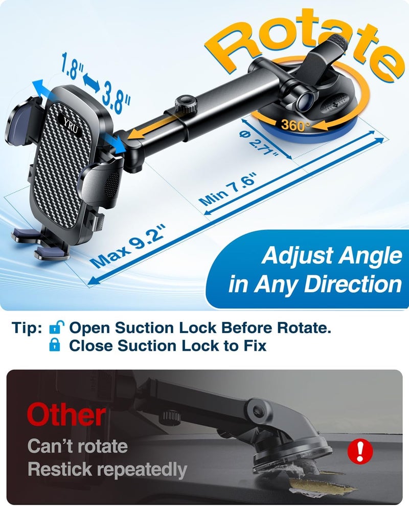 YRU True Military-Grade [360° Rotation Suction] 2026 Ultimate Car Phone Holder Mount 【90+LBS Safest Strongest & Patent Certs】 Dashboard Windshield Vent for iPhone 17 16 Pro Max Samsung, Gloss Black - Image 4